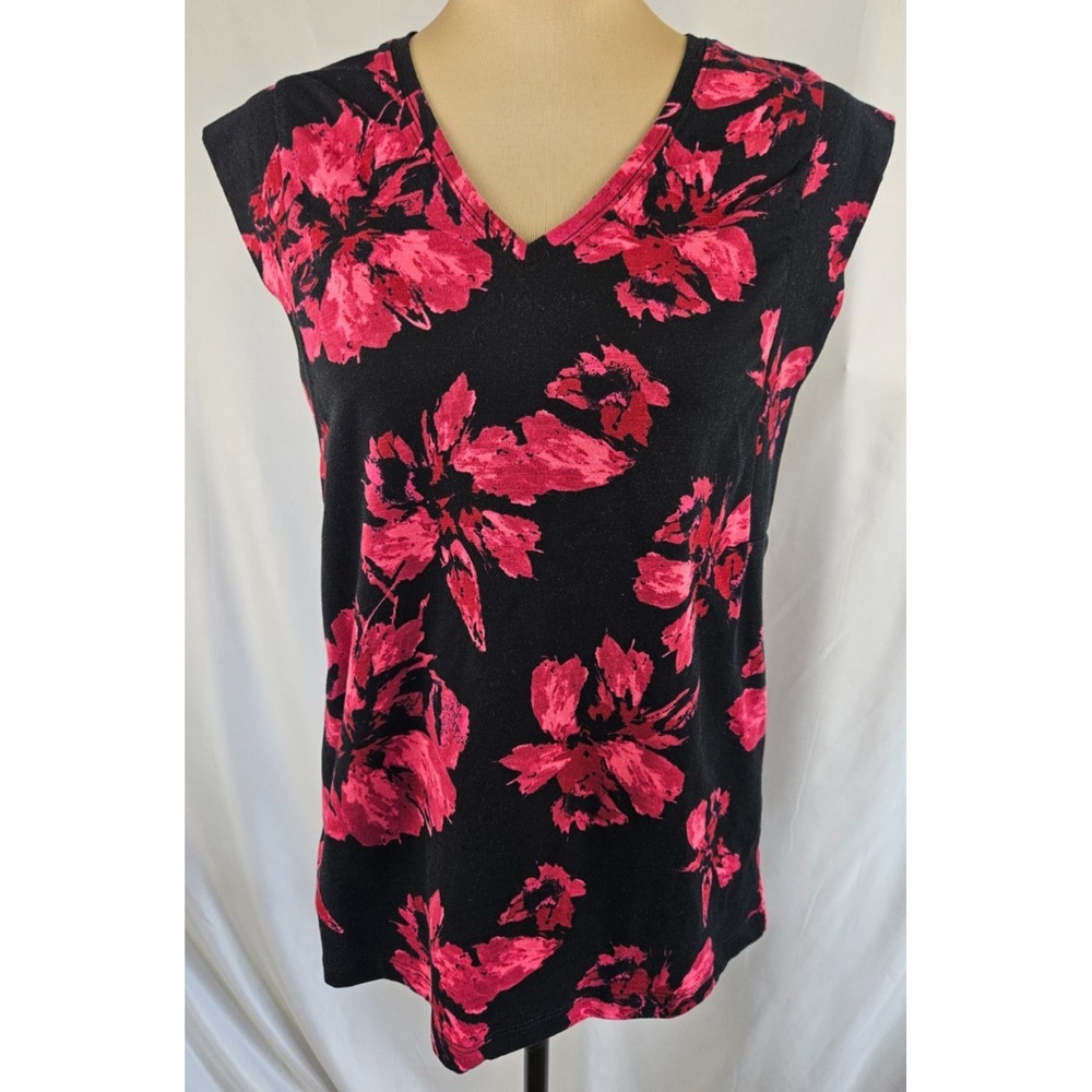 Black Fuchsia Floral V-Neck Sleeveless Top Career Layering Blouse Casual Chic